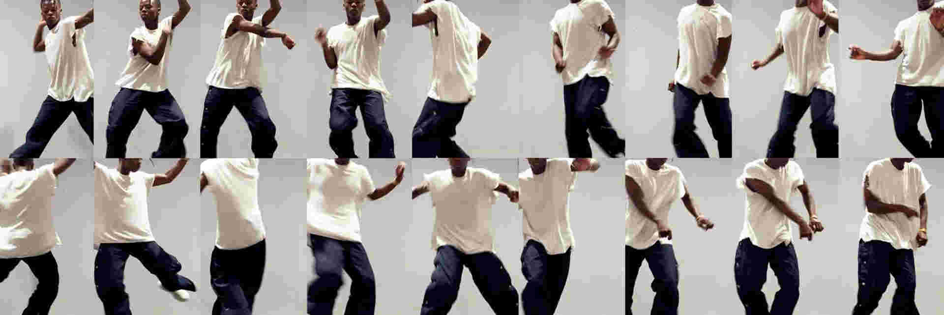 compilation of poloroids Siphesihle danicing in white tee and tear-away pants