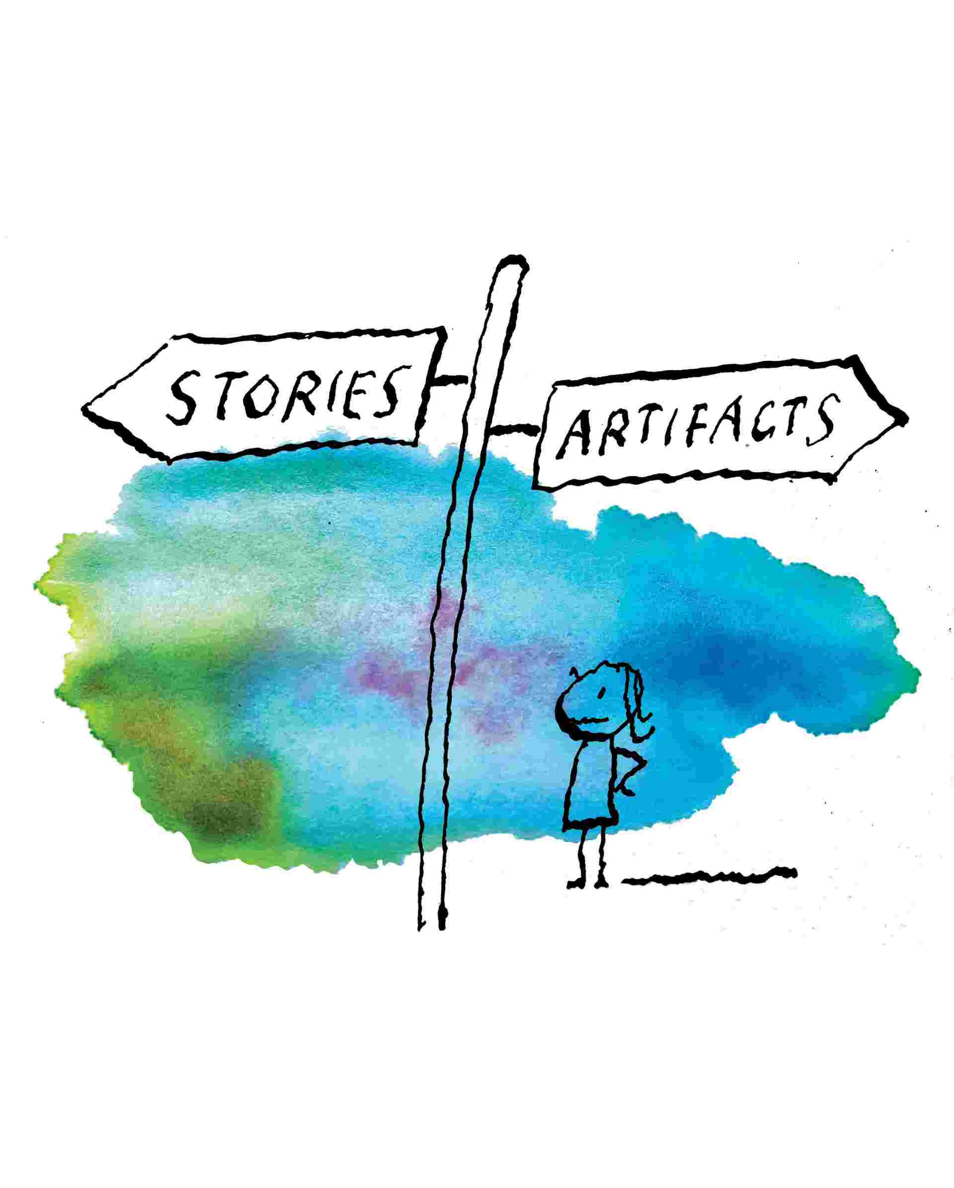 sketch of person looking down a path at either stories or artifacts 