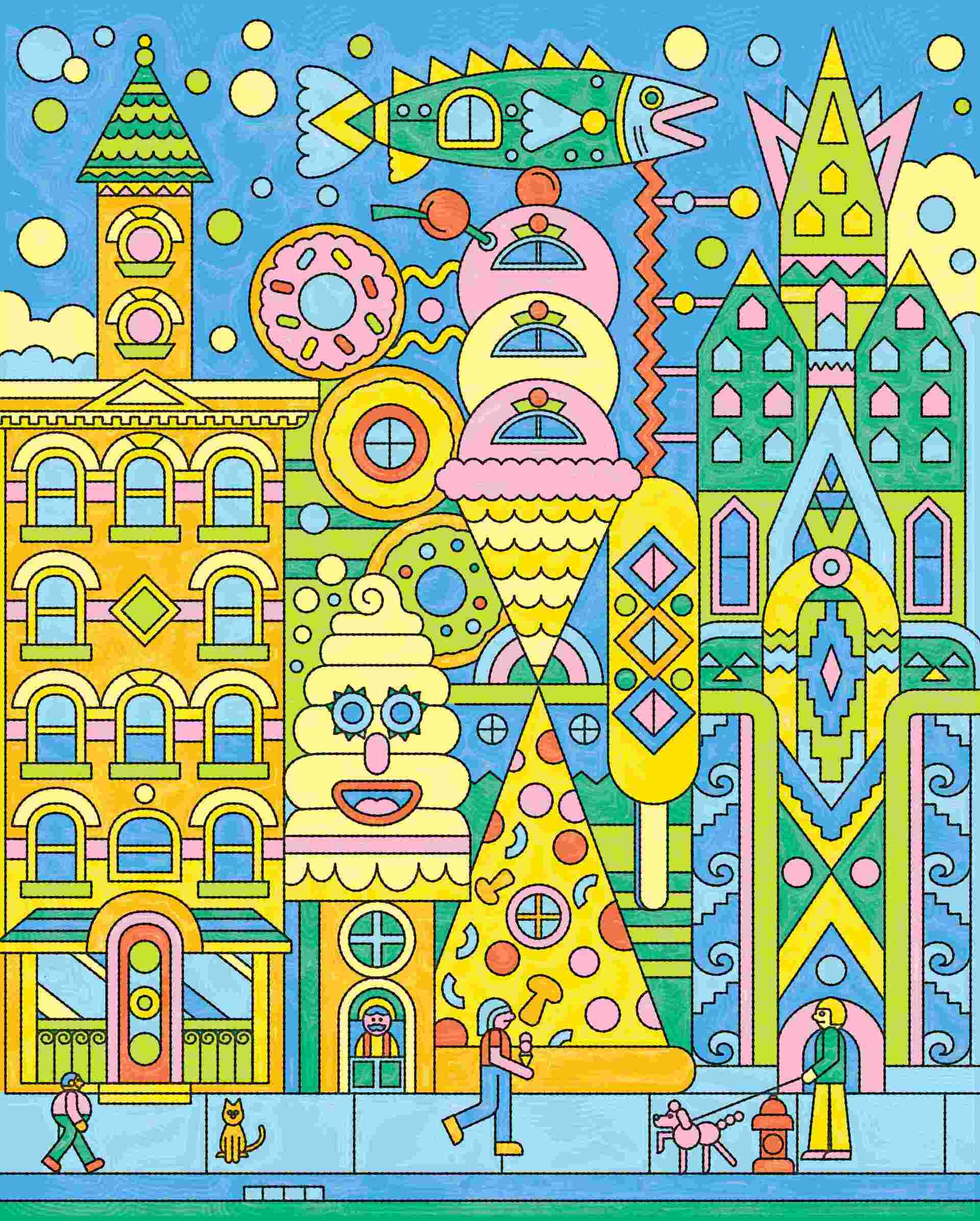 Nolan Pelletier - 39-Colorful-cartoon-cityscape-featuring-pizza-ice-cream-and-donuts-as-build-and-restaurants
