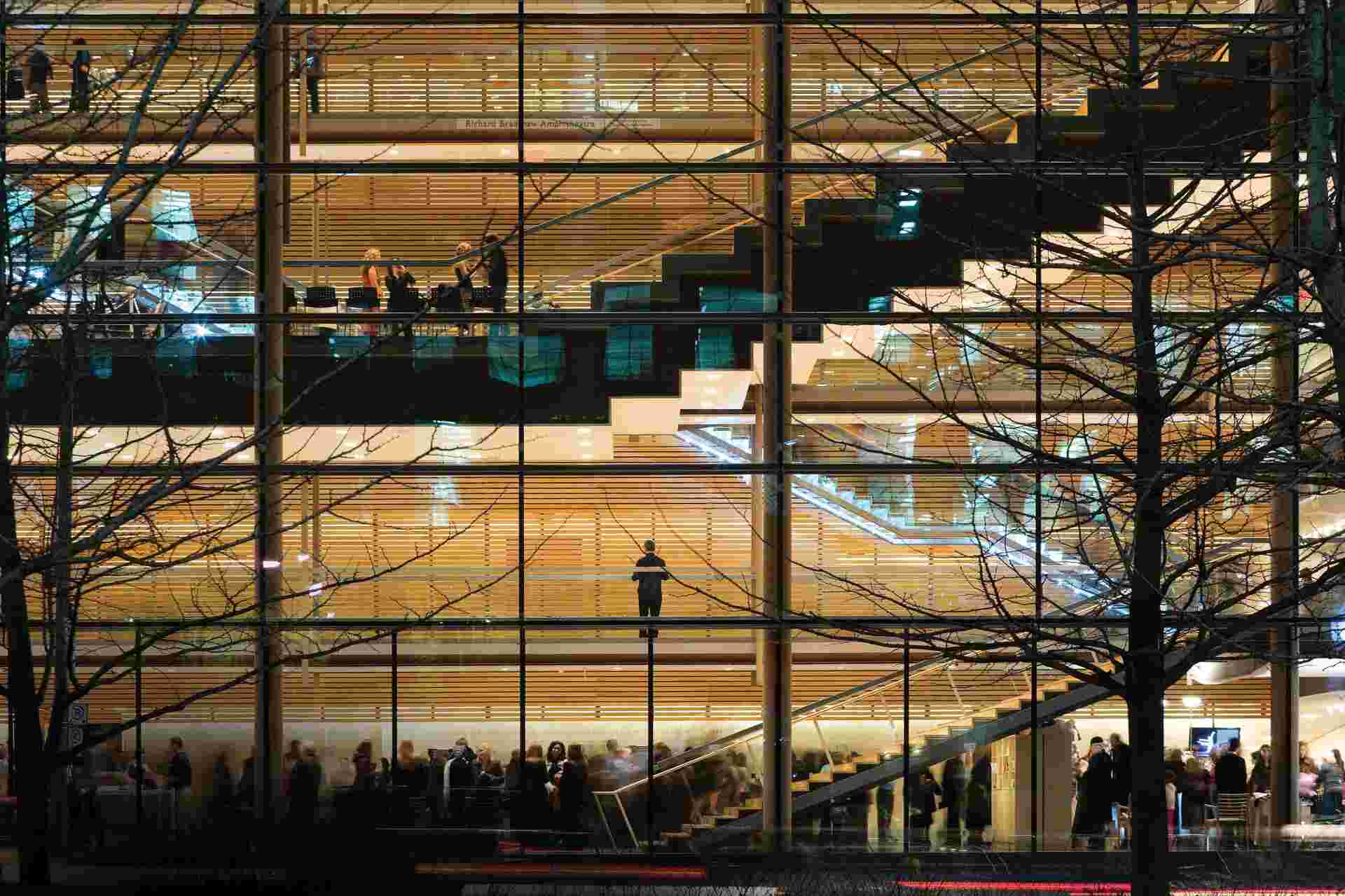 Making Space for Music - 1-glass-building-interior-night