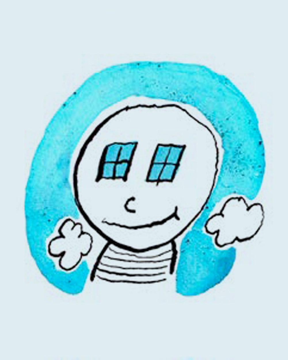 Sketch of character smiling with a blue aura around their head.