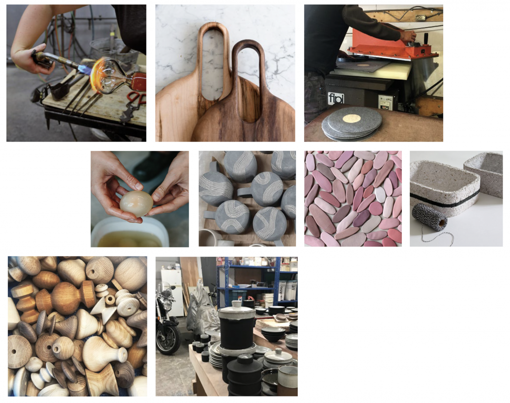 Collage of various ceramics and crafting equipment. 