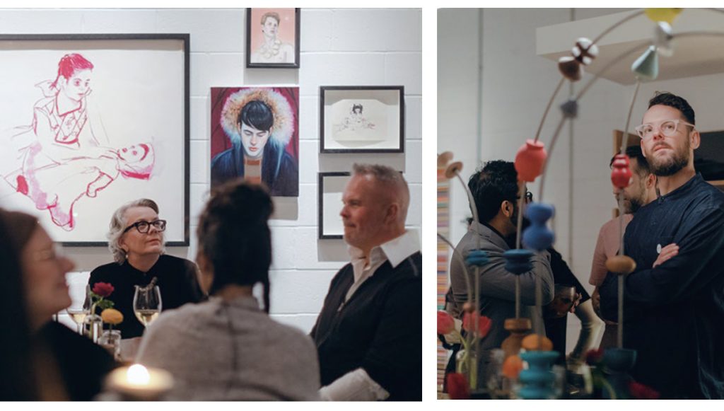 2 images of people enjoying food and decor in space.