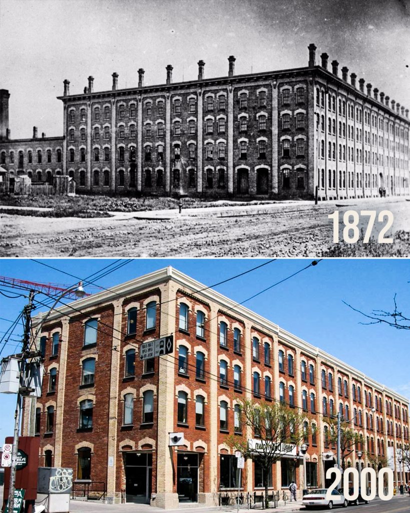 Black and white historical building image vs. an exterior shot of building in 2000.