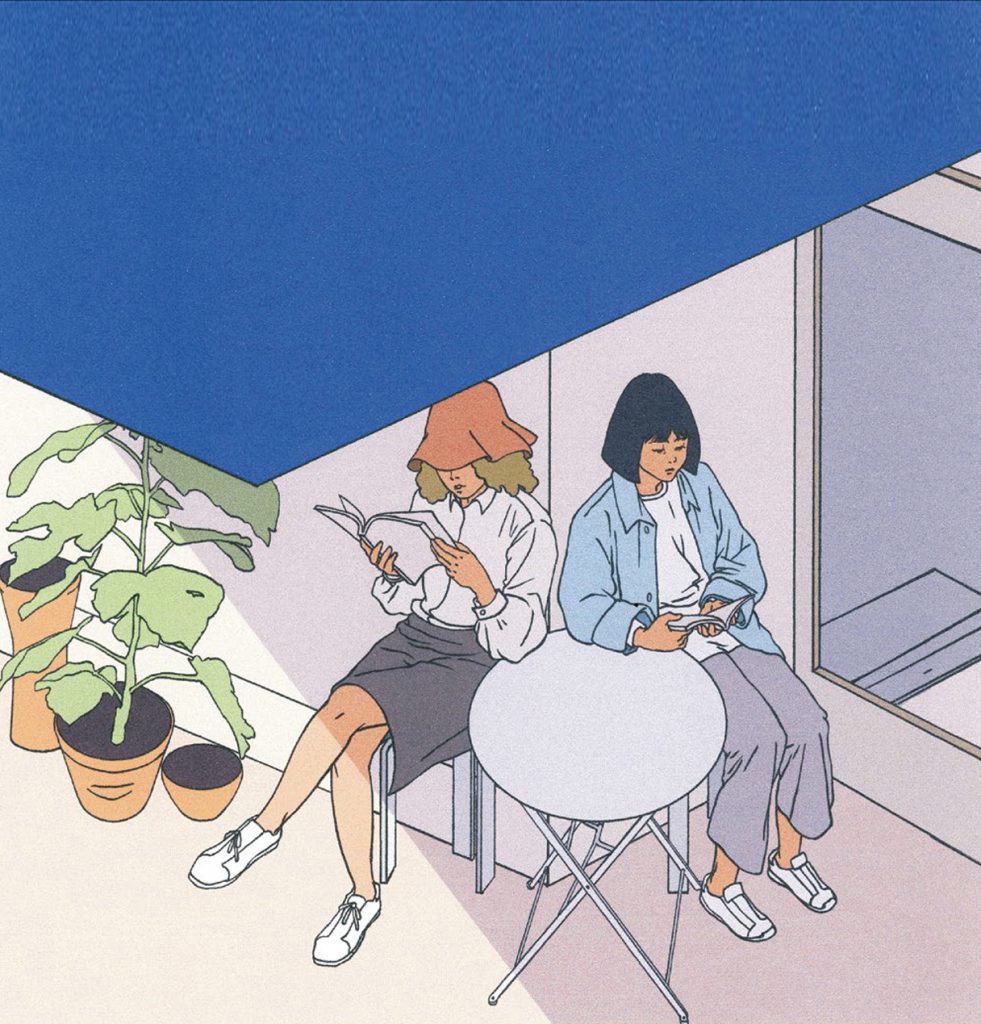 Illustration of 2 women sitting at small cafe table reading. An awning blocks the sun and a few plants sit beside them. 