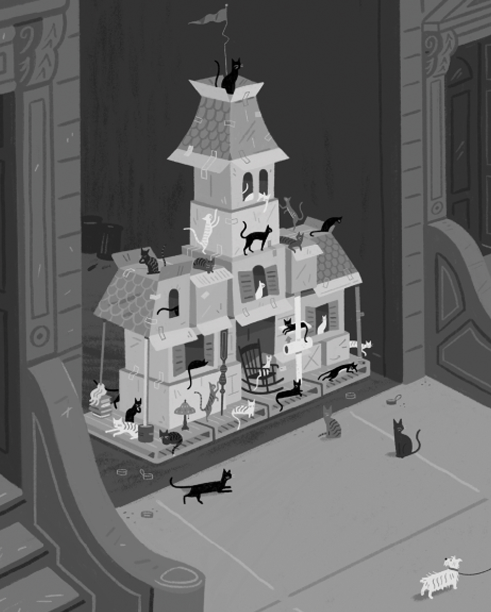 Black and white illustration of cat castle full of cats sits between 2 buildings.