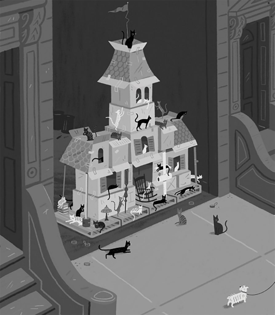 Black and white illustration of cat castle full of cats sits between 2 buildings. 