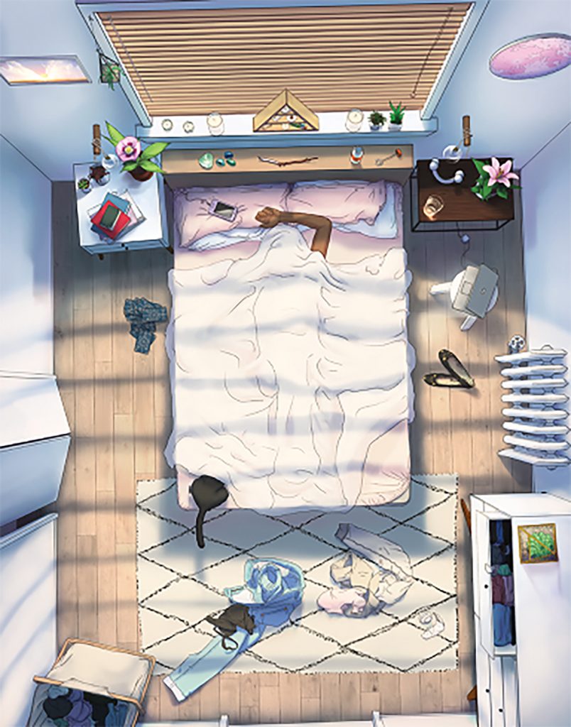 Screen shot from app, individual lies in bed with cover over face- room is messy. 
