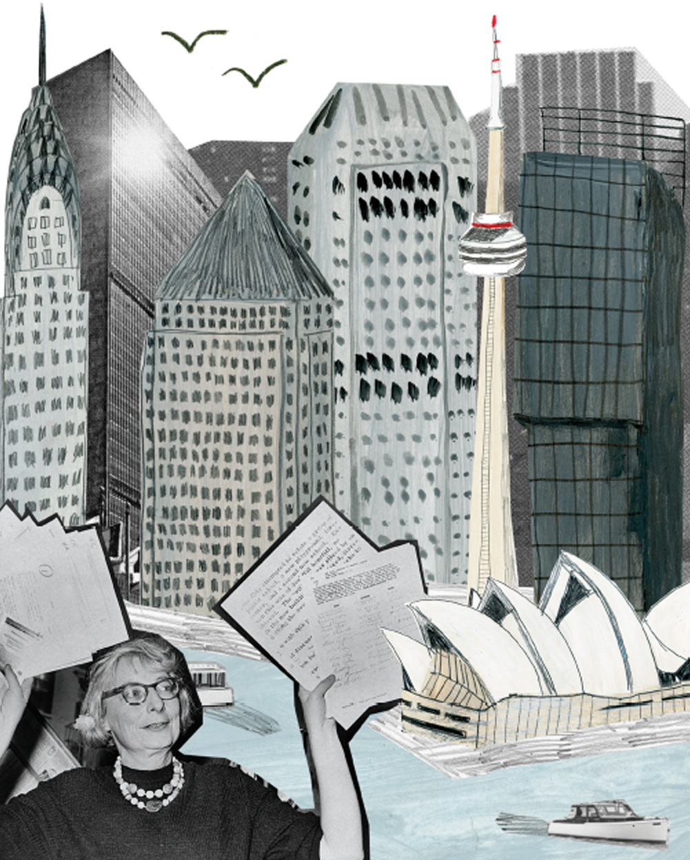 Artwork of Toronto buildings and Jane Jacobs holding a stack of papers.