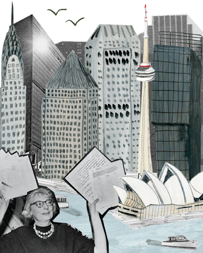 Artwork of Toronto buildings and Jane Jacobs holding a stack of papers. 